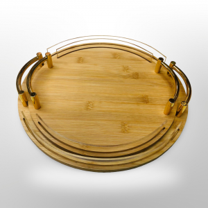 طقم صوانيوجه خشب بامبو مدور جوانب حيف اكريليك وايدي ذهبي قطعتين